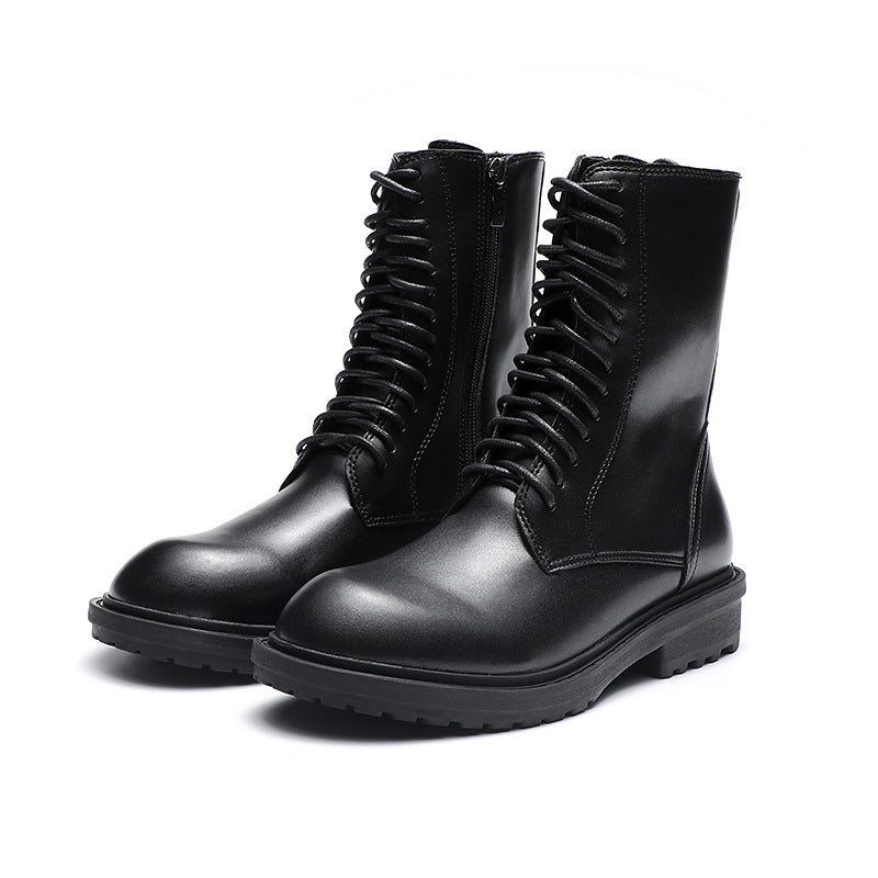 Women's Style Black Tie Chunky Ankle Motorcycle Women's Leather Boots