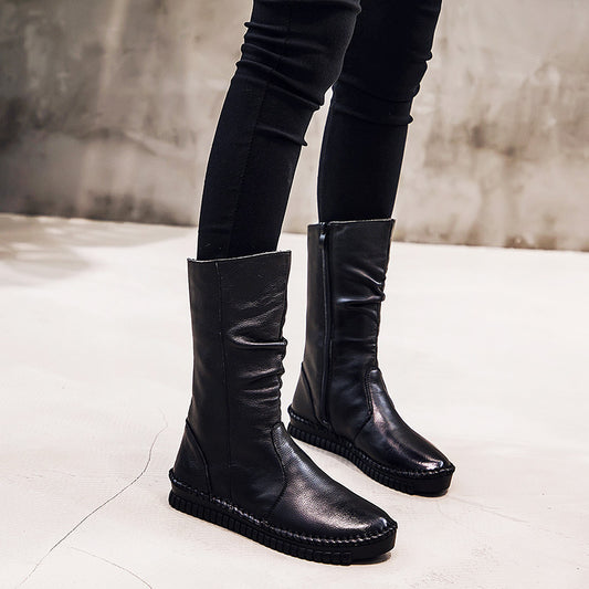 Women's Winter Fleece-lined Side Zipper Handmade Genuine Wellingtons Large Size Flat Boots