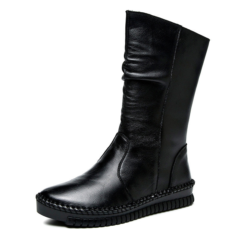 Women's Winter Fleece-lined Side Zipper Handmade Genuine Wellingtons Large Size Flat Boots