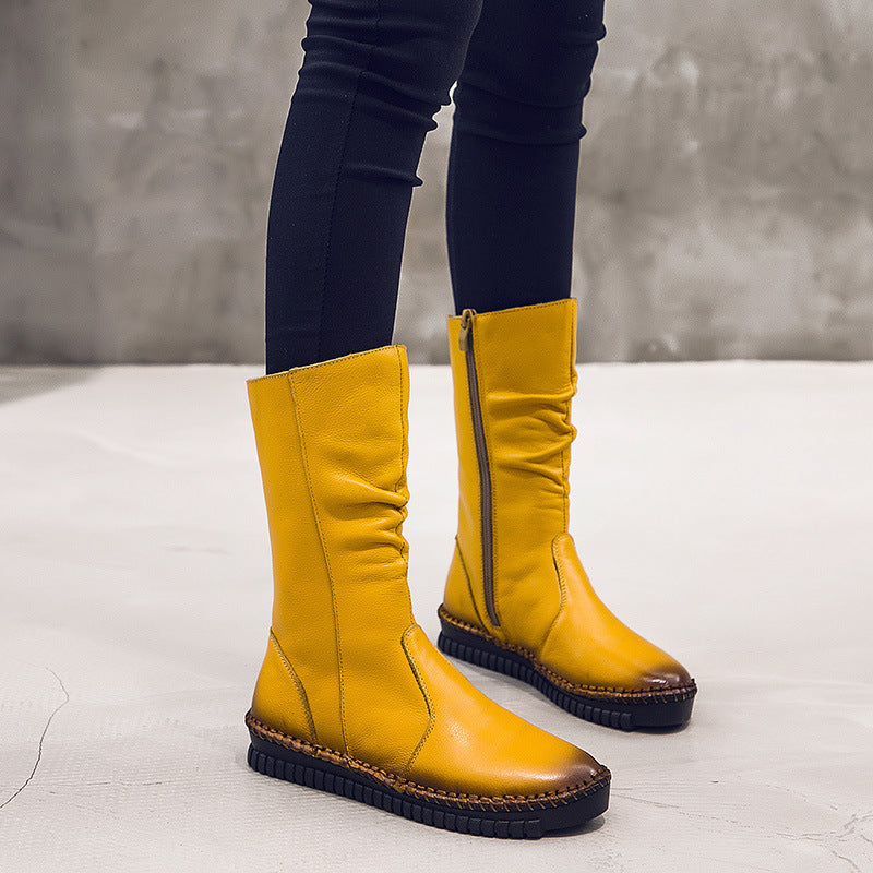 Women's Winter Fleece-lined Side Zipper Handmade Genuine Wellingtons Large Size Flat Boots