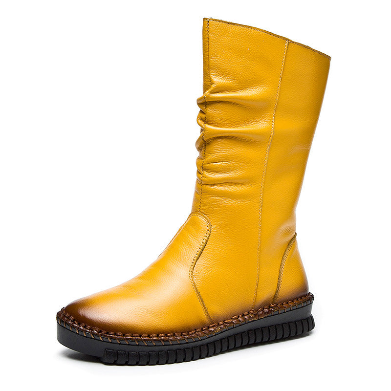 Women's Winter Fleece-lined Side Zipper Handmade Genuine Wellingtons Large Size Flat Boots