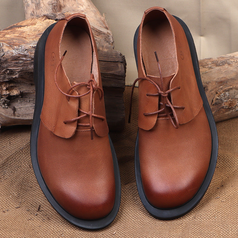 Men's Single Layer Cowhide Business Round Head Handmade Tooling British Style Men's Casual Shoes
