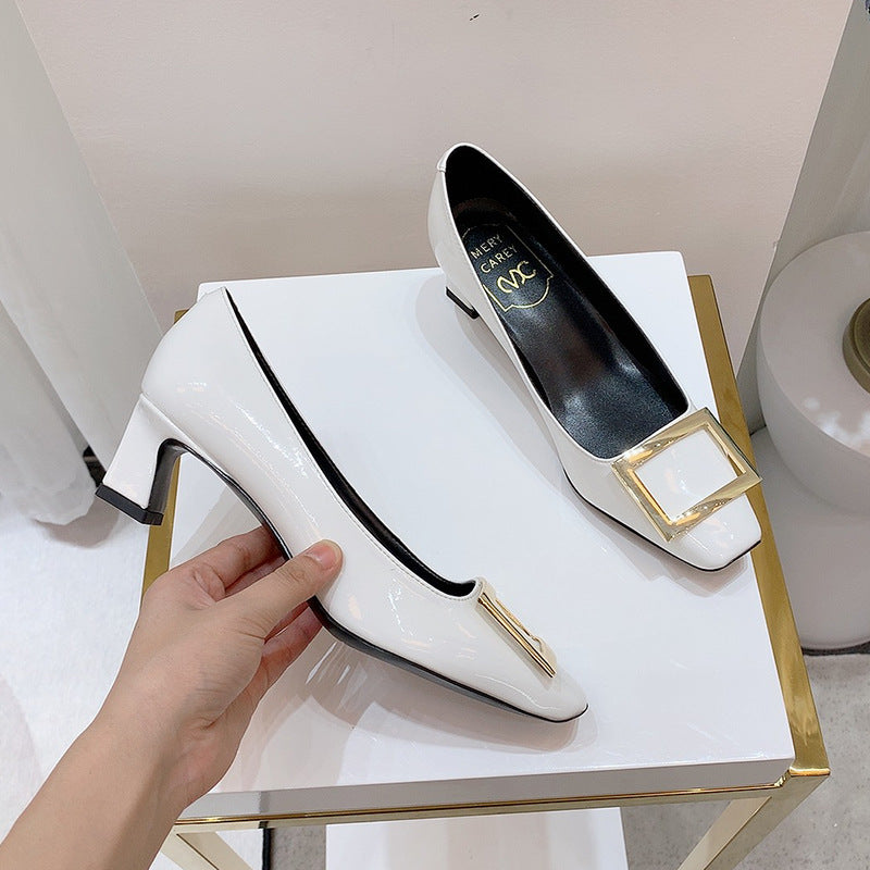 Patent Square Buckle Chunky Wine Glass Shallow Mouth Pumps Red Heels