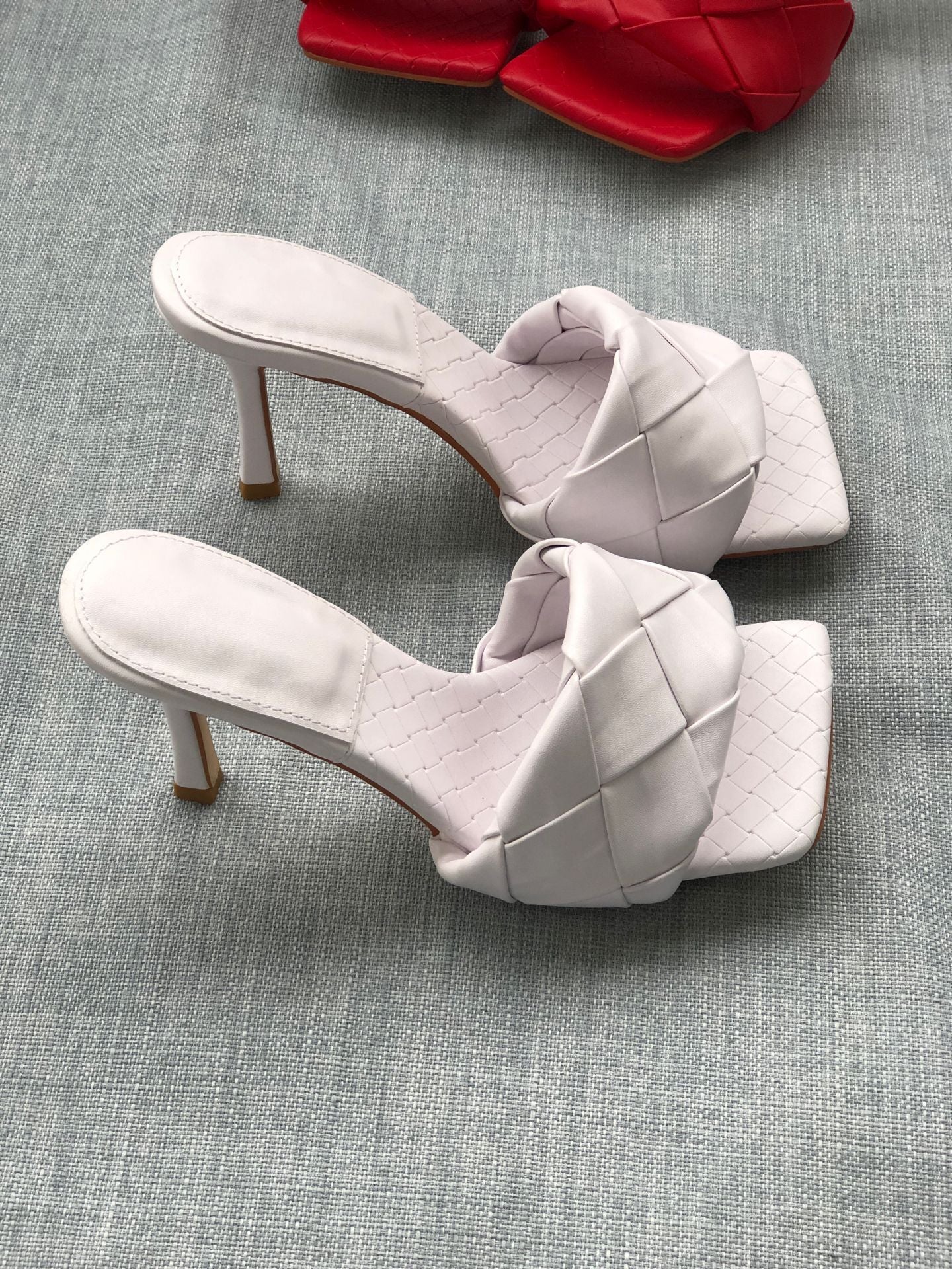 Women's Summer Woven Square Toe Stiletto Large High Heeled Sandals