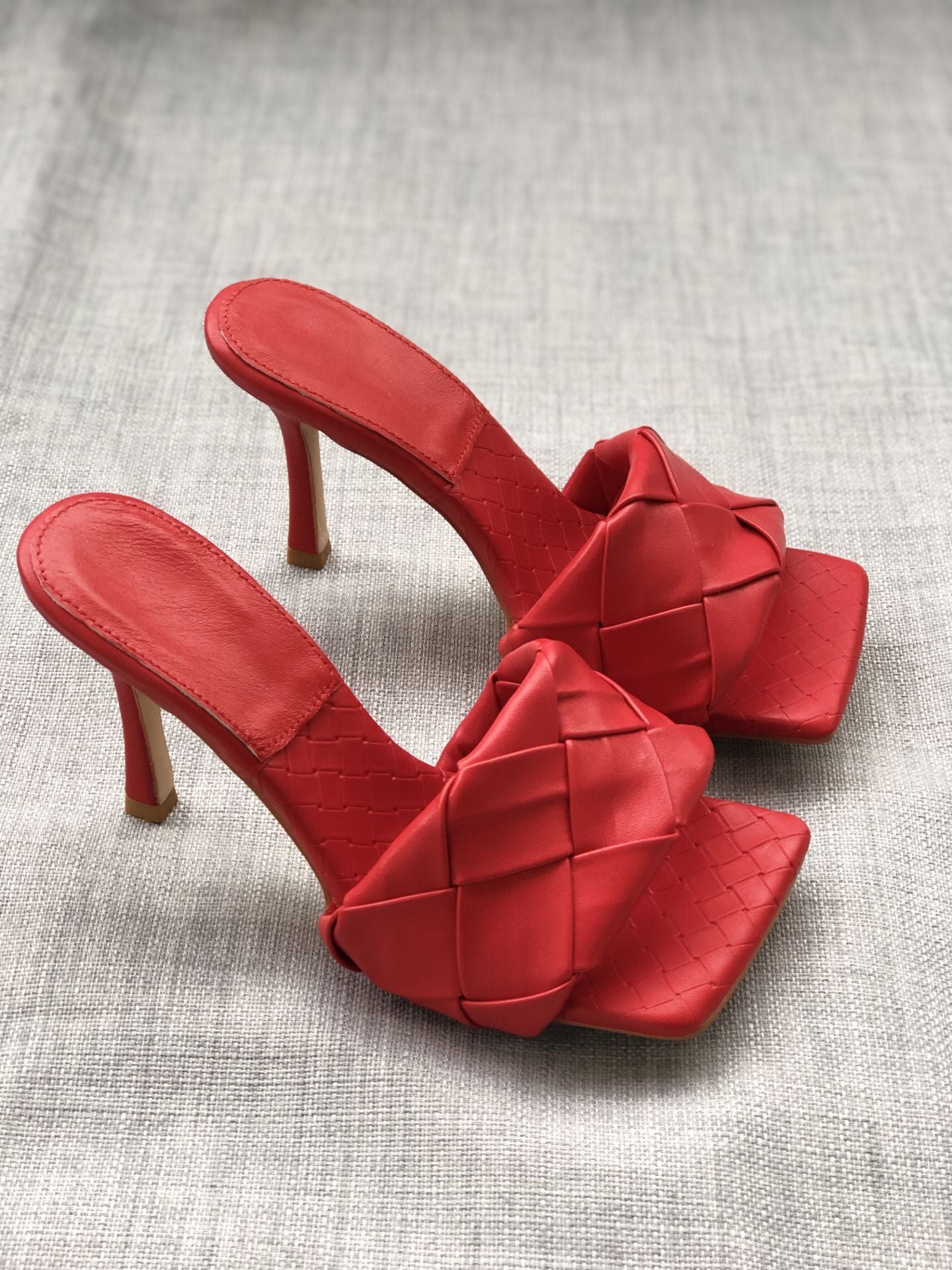 Women's Summer Woven Square Toe Stiletto Large High Heeled Sandals