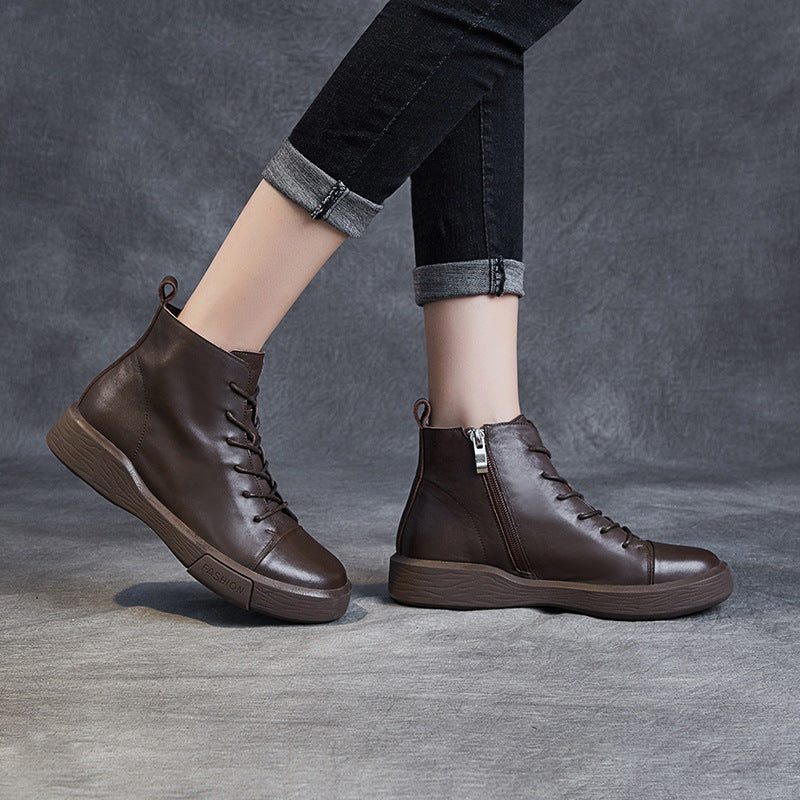 Women's Short Autumn Handmade Lace Up Thick Bottom Sports Round Toe Boots