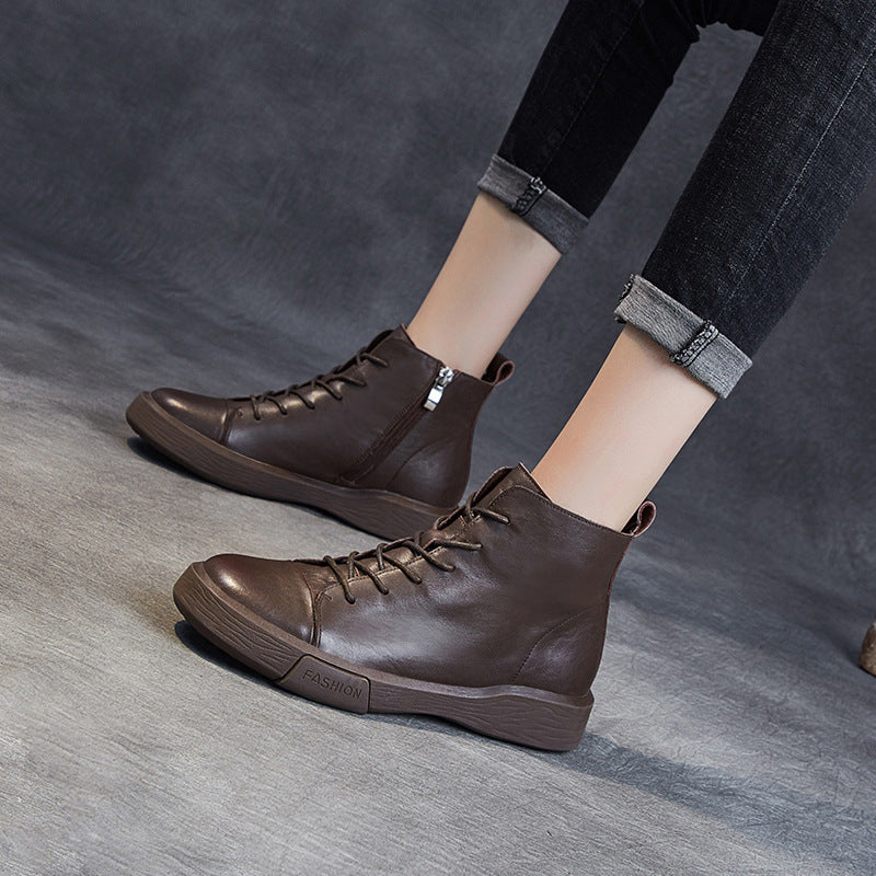 Women's Short Autumn Handmade Lace Up Thick Bottom Sports Round Toe Boots