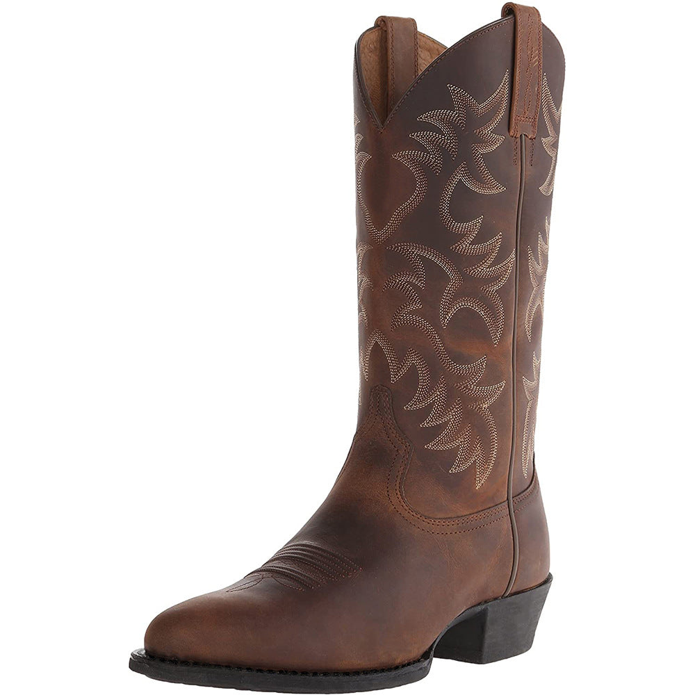 Men's Embroidery High Wooden Root Western Cowboy Zipper Bag Men's Leather Boots