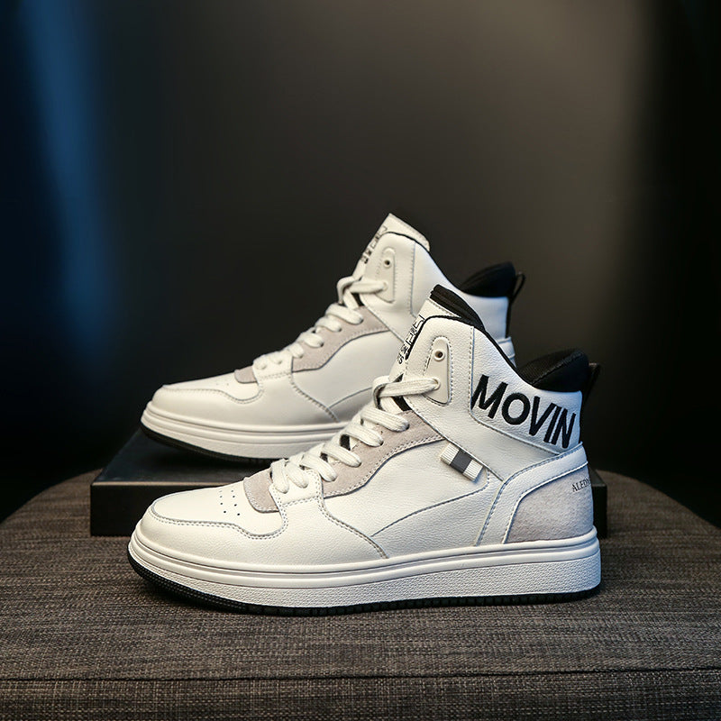 Women's High Top White Genuine Cowhide Flat Versatile Trendy Women's Sports Shoes
