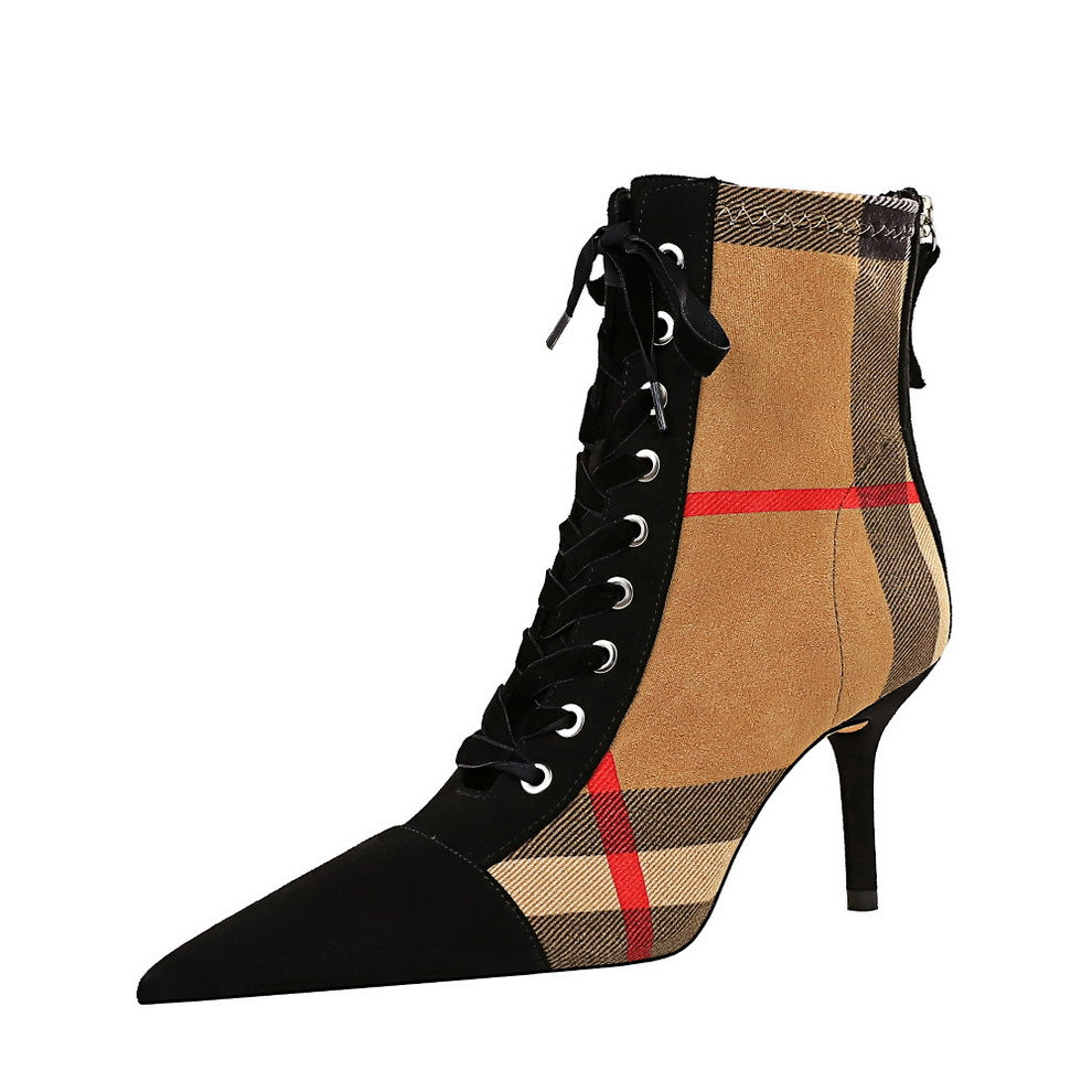 Style Fashion Stiletto High Pointed Toe Plaid Suede Trendy Cross Women's Leather Boots