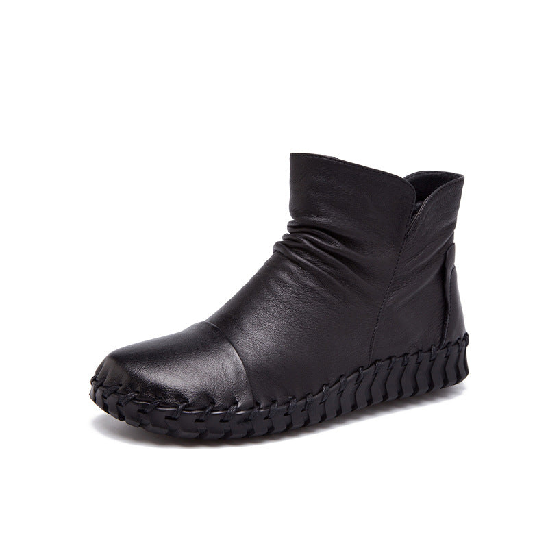 Women's Handmade Sewing Top Layer Soft Cowhide Comfortable Bottom Short Fashion Women's Leather Boots
