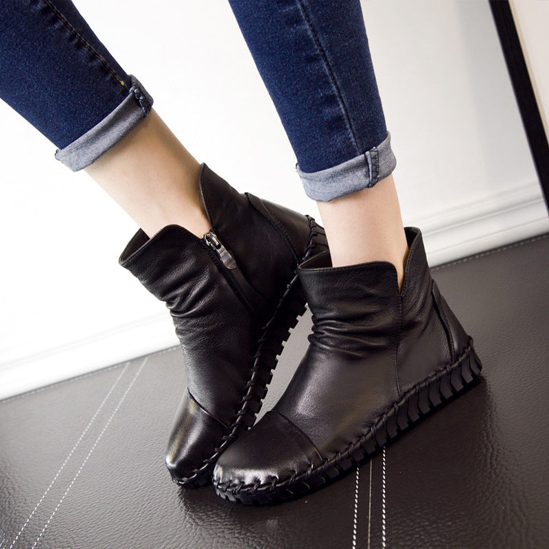 Women's Handmade Sewing Top Layer Soft Cowhide Comfortable Bottom Short Fashion Women's Leather Boots