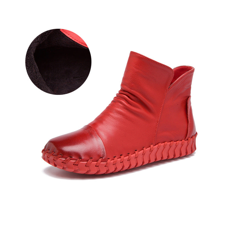 Women's Handmade Sewing Top Layer Soft Cowhide Comfortable Bottom Short Fashion Women's Leather Boots