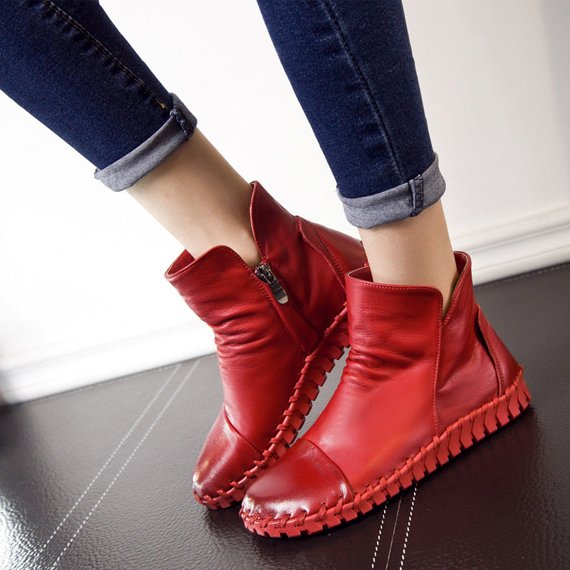 Women's Handmade Sewing Top Layer Soft Cowhide Comfortable Bottom Short Fashion Women's Leather Boots