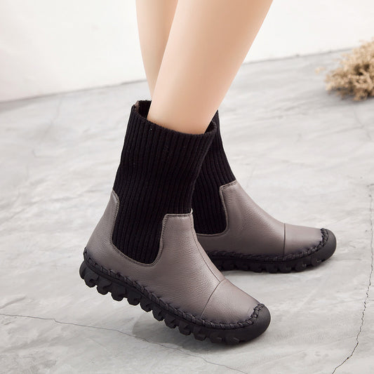 Autumn Round Head Leisure Patent Sleeve Boots