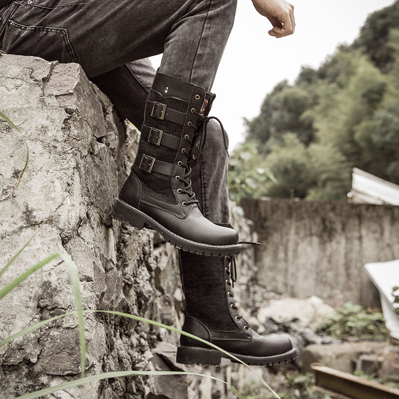 Men's Long Korean Style Trendy Hight Increasing Martin High Military British Men's Leather Boots