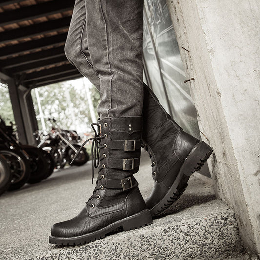 Men's Long Korean Style Trendy Hight Increasing Martin High Military British Men's Leather Boots