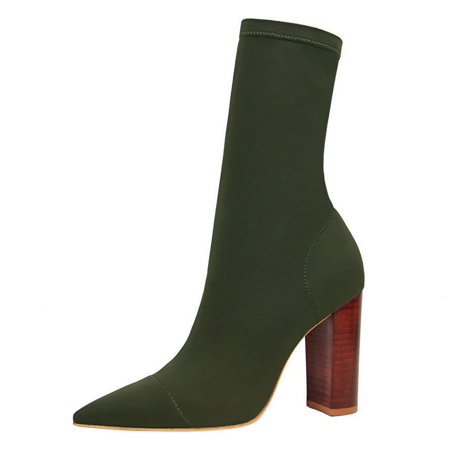Simple Wood Grain Chunky High Pointed Stretch Women's Leather Boots