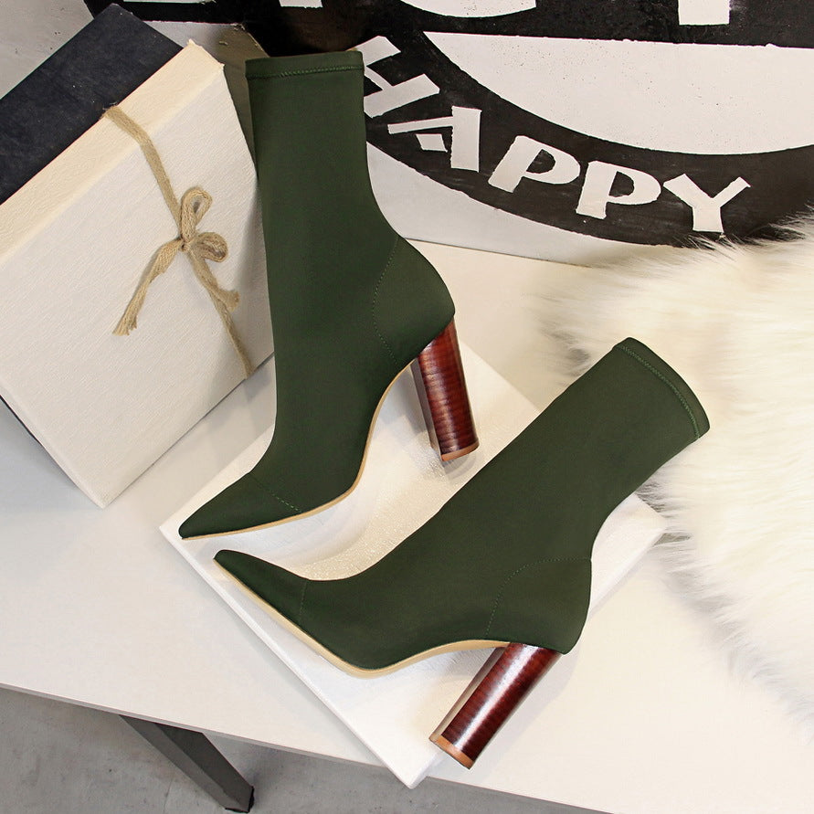 Simple Wood Grain Chunky High Pointed Stretch Women's Leather Boots