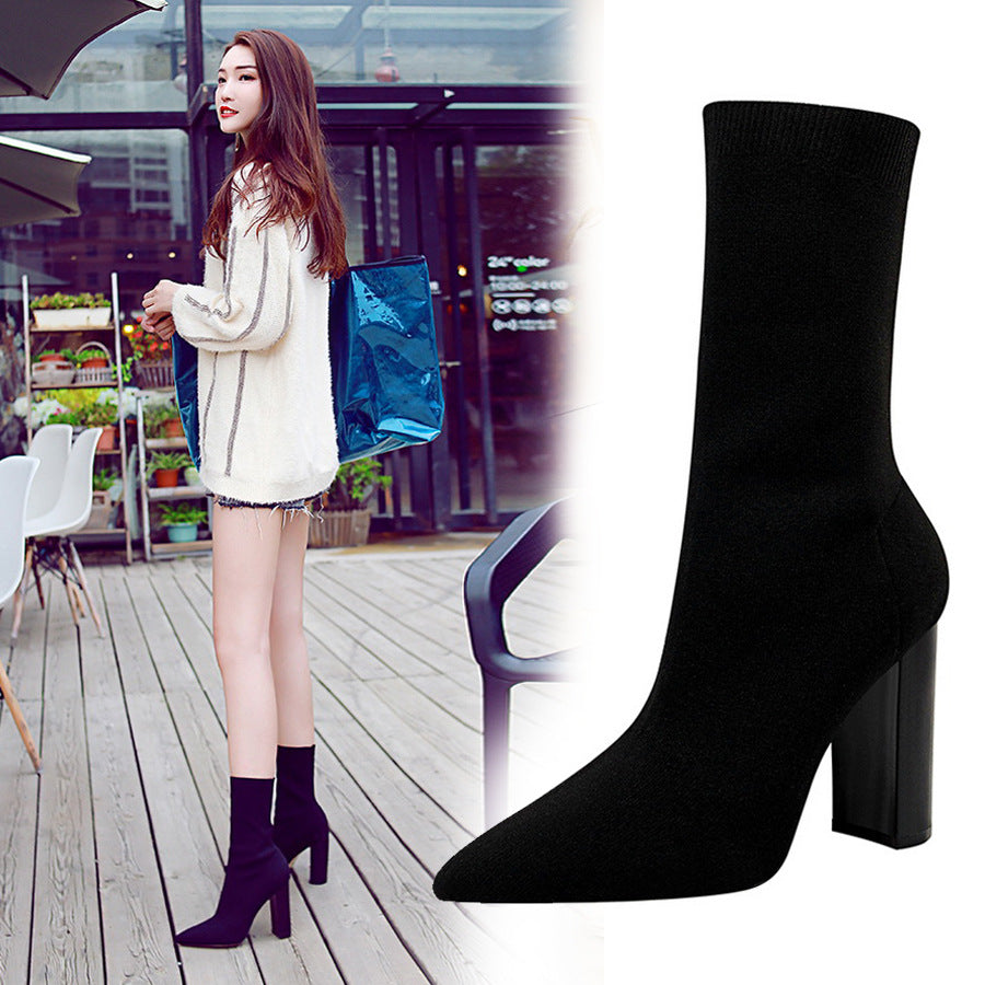 Simple Thick High Pointed Toe Sexy Women's Leather Boots