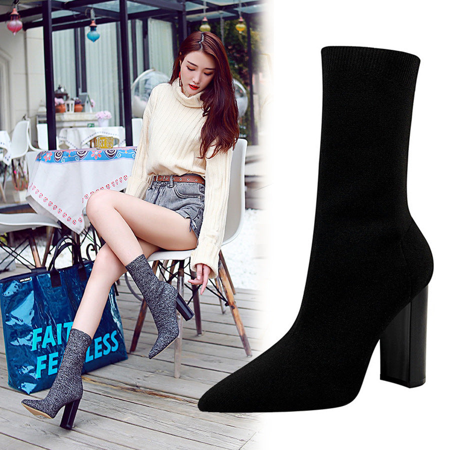 Simple Thick High Pointed Toe Sexy Women's Leather Boots