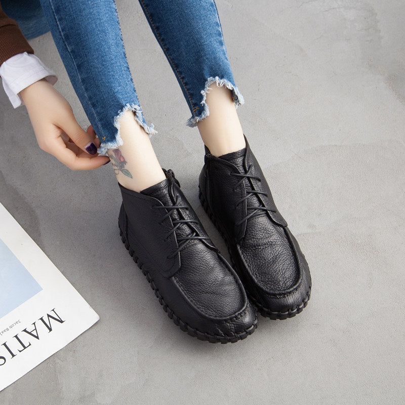Women's Retro Ankle Soft Bottom Comfortable Genuine Flat Single-layer Women's Leather Boots