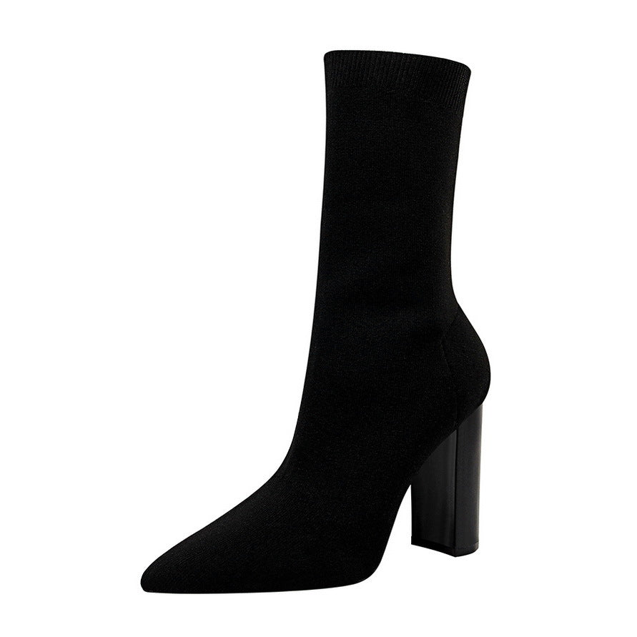 Simple Thick High Pointed Toe Sexy Women's Leather Boots