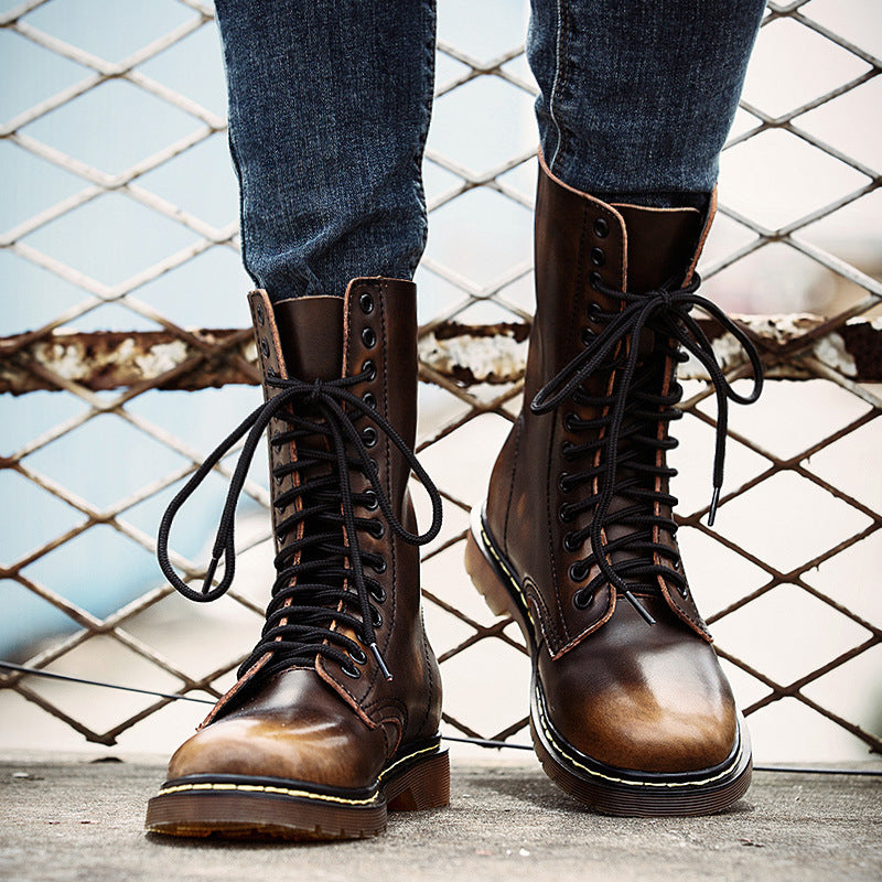 Women's & Men's Martin British Couple Military Waterproof Warm Long Men's Leather Boots