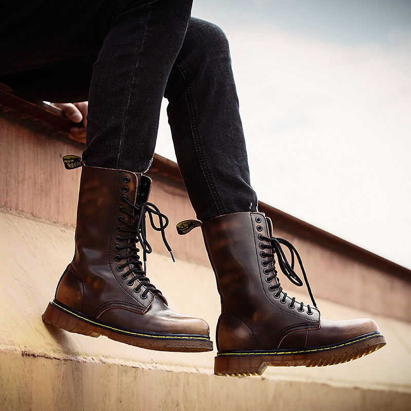 Women's & Men's Martin British Couple Military Waterproof Warm Long Men's Leather Boots