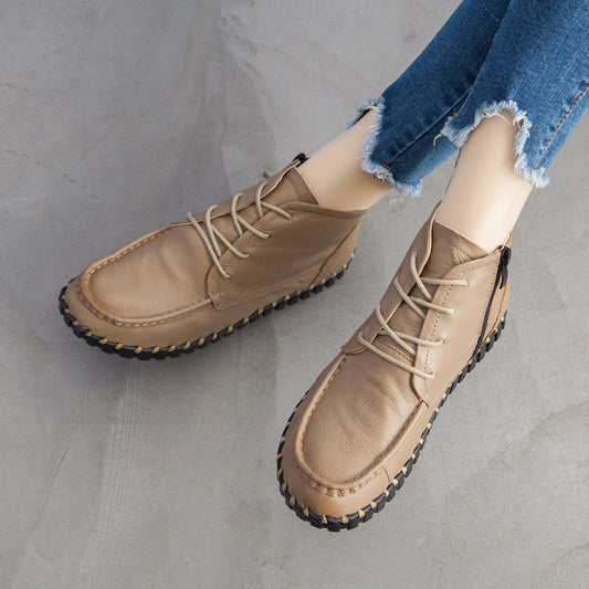 Women's Simple Genuine Pumps Lace Up Round Toe Top Layer Cowhide Men's Shoes