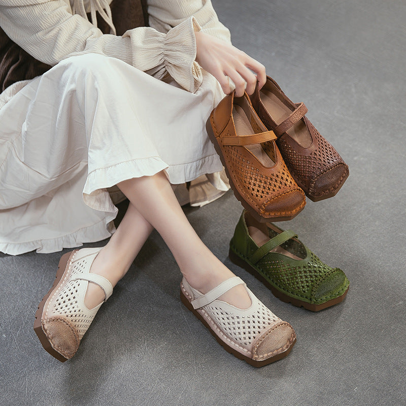 Women's Summer First Layer Cowhide Retro Style Flat Sandals