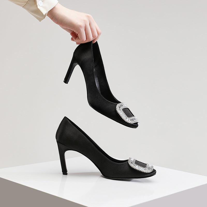 Women's Square Buckle Rhinestone Pumps Black Stiletto Round Heels