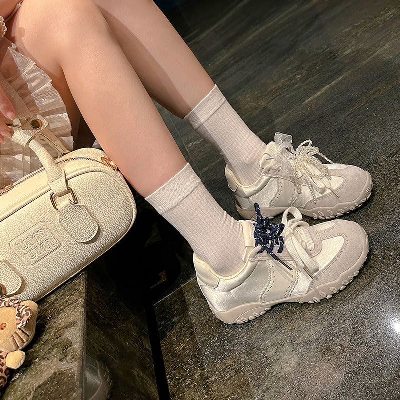 Women's Version Height Increasing Insole Mercerized Crescent Pearl Lace Breathable German Casual Shoes
