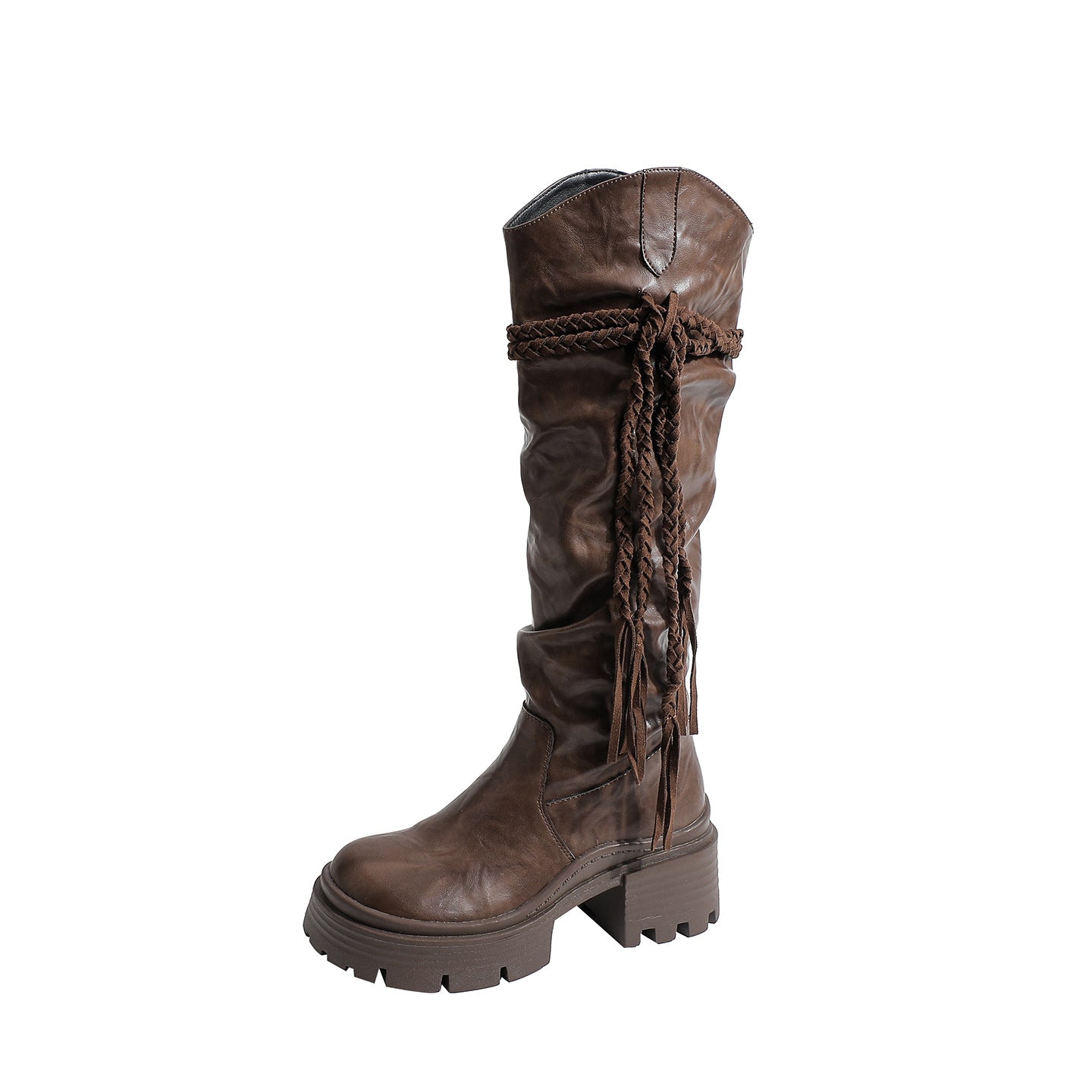 Autumn Tassel High Leg Chunky Platform Below The Knee Slimming Women's Leather Boots