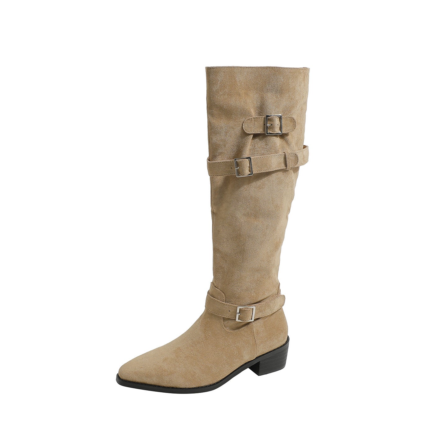 Style Belt Buckle Pile Pointed Toe Thick Mid Suede Loose Women's Leather Boots
