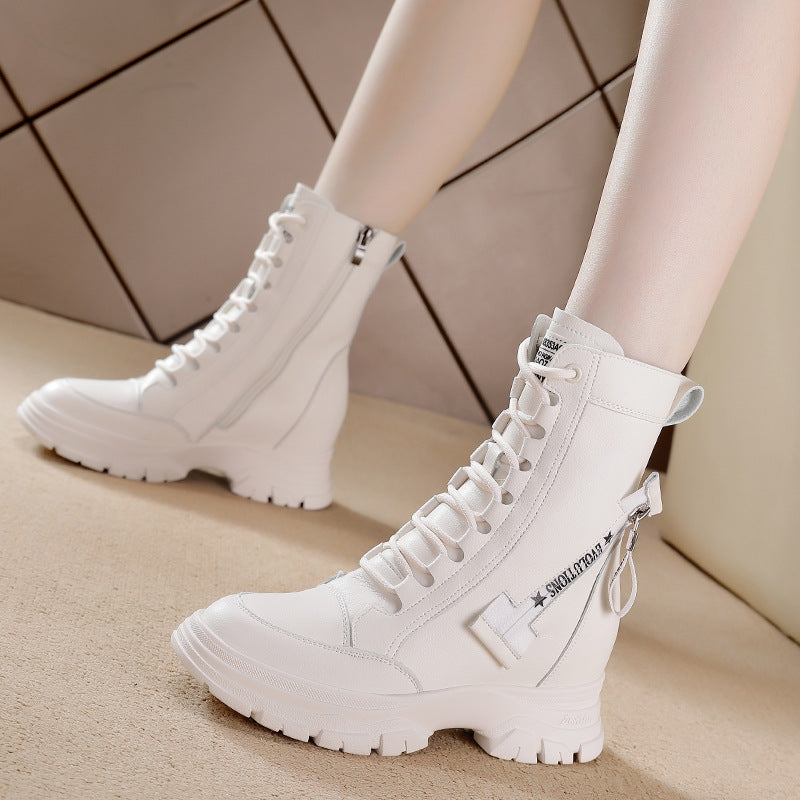 Women's Martin British Style Small Thick Bottom Height Increasing Insole Women's Leather Boots