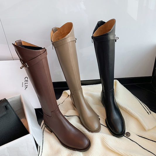 Women's Cowhide Version Genuine Long Spring Below The Knee Versatile Women's Leather Boots