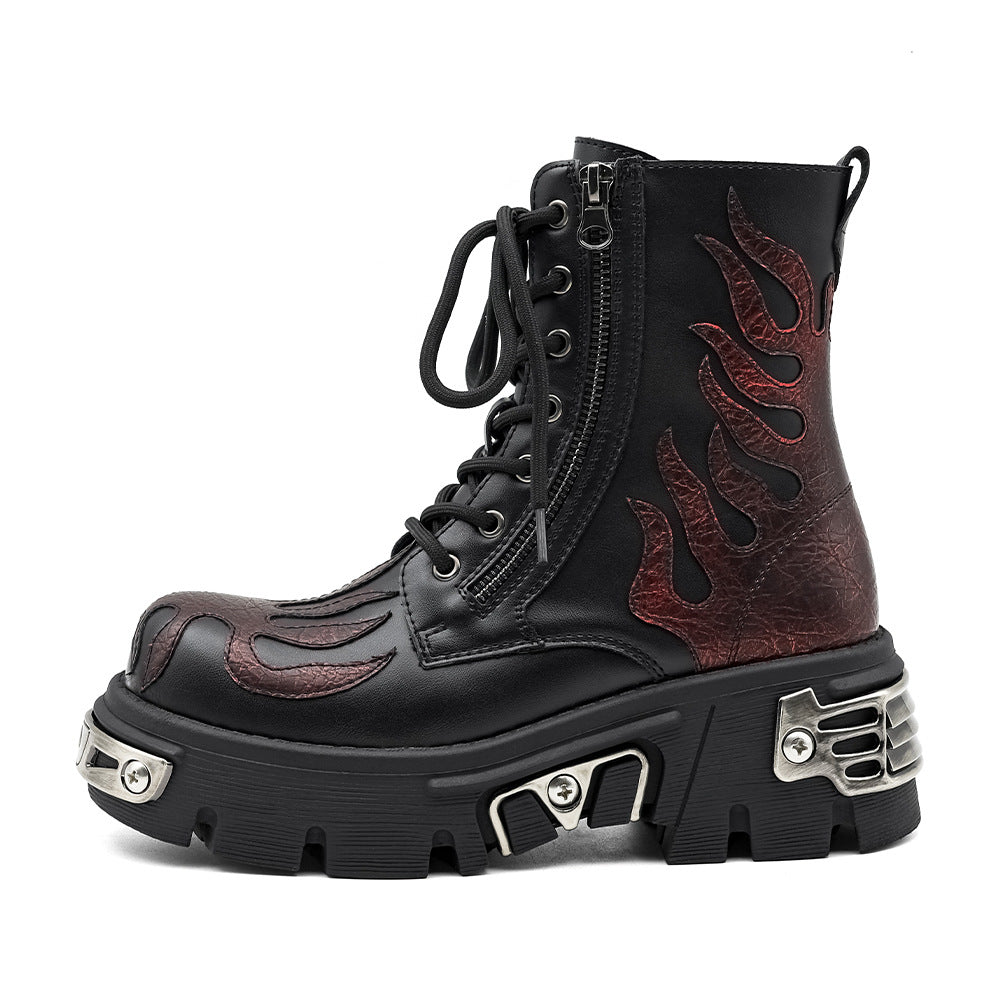 Women's & Men's Flame Thick Bottom Punk Retro Tank Height Increasing Boots