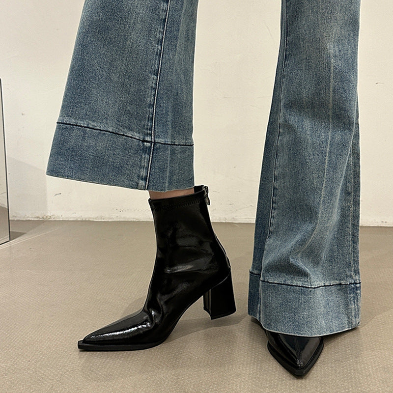 Black High Short Female British Style Women's Leather Boots