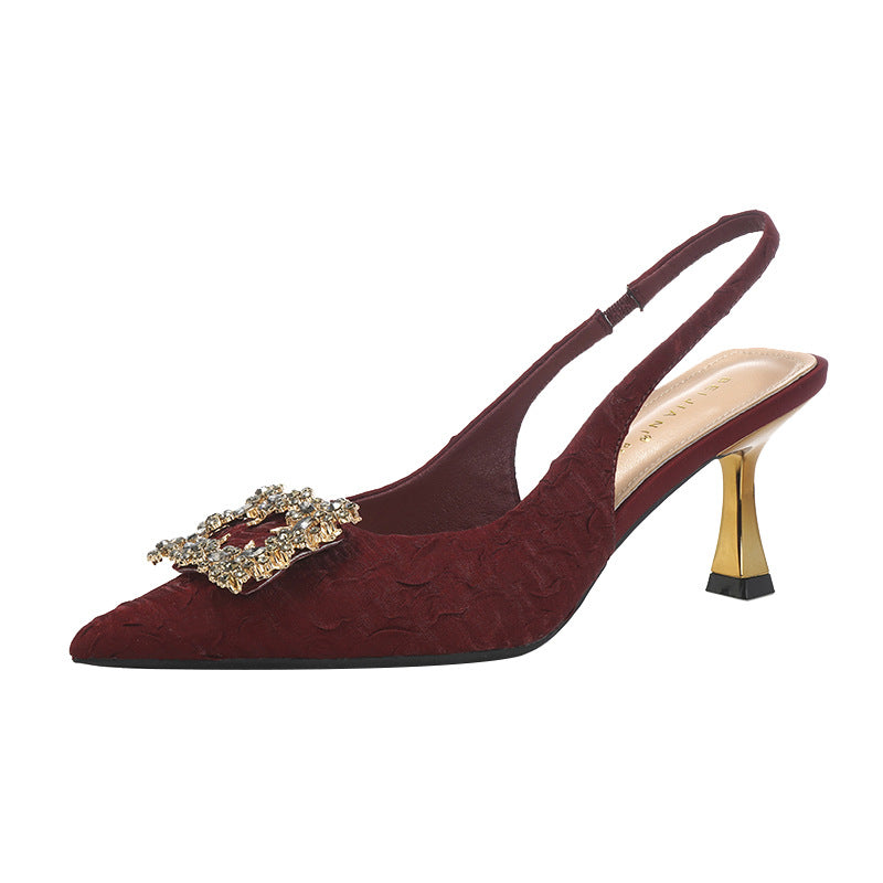 Women's Style Satin Pleated Square Buckle Pointed Toe Stiletto Sandals