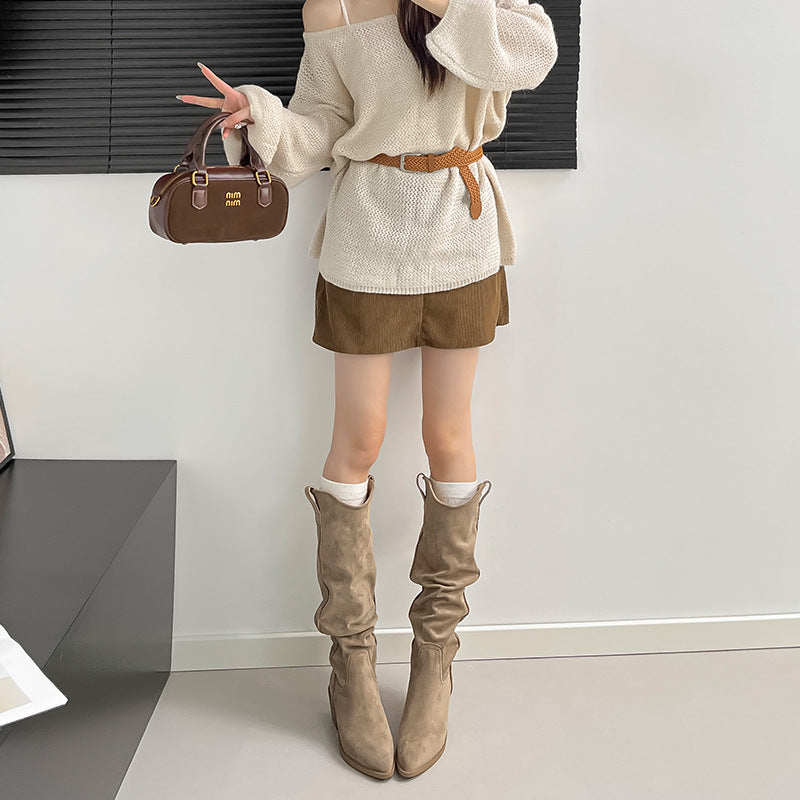 Women's Knight V Buckle Skinny Pile Style Chunky Women's Leather Boots