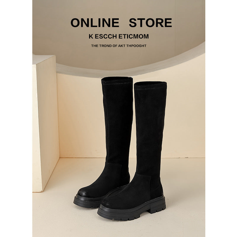Suede Stretch Skinny Below The Knee Long Women's Leather Boots