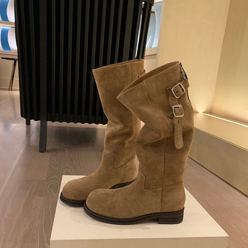 Version Increased Three-dimensional Round Head Zipper Women's Leather Boots