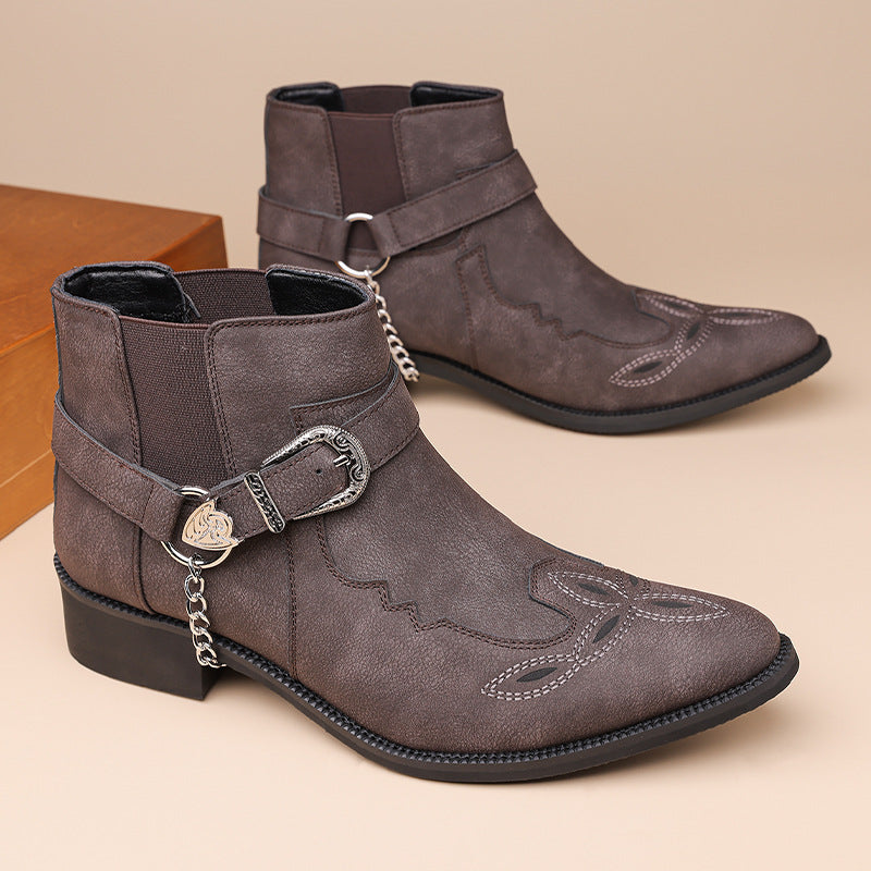 Men's Western Cowboy Matte Chelsea Punk Chain Buckle Men's Martin Boots