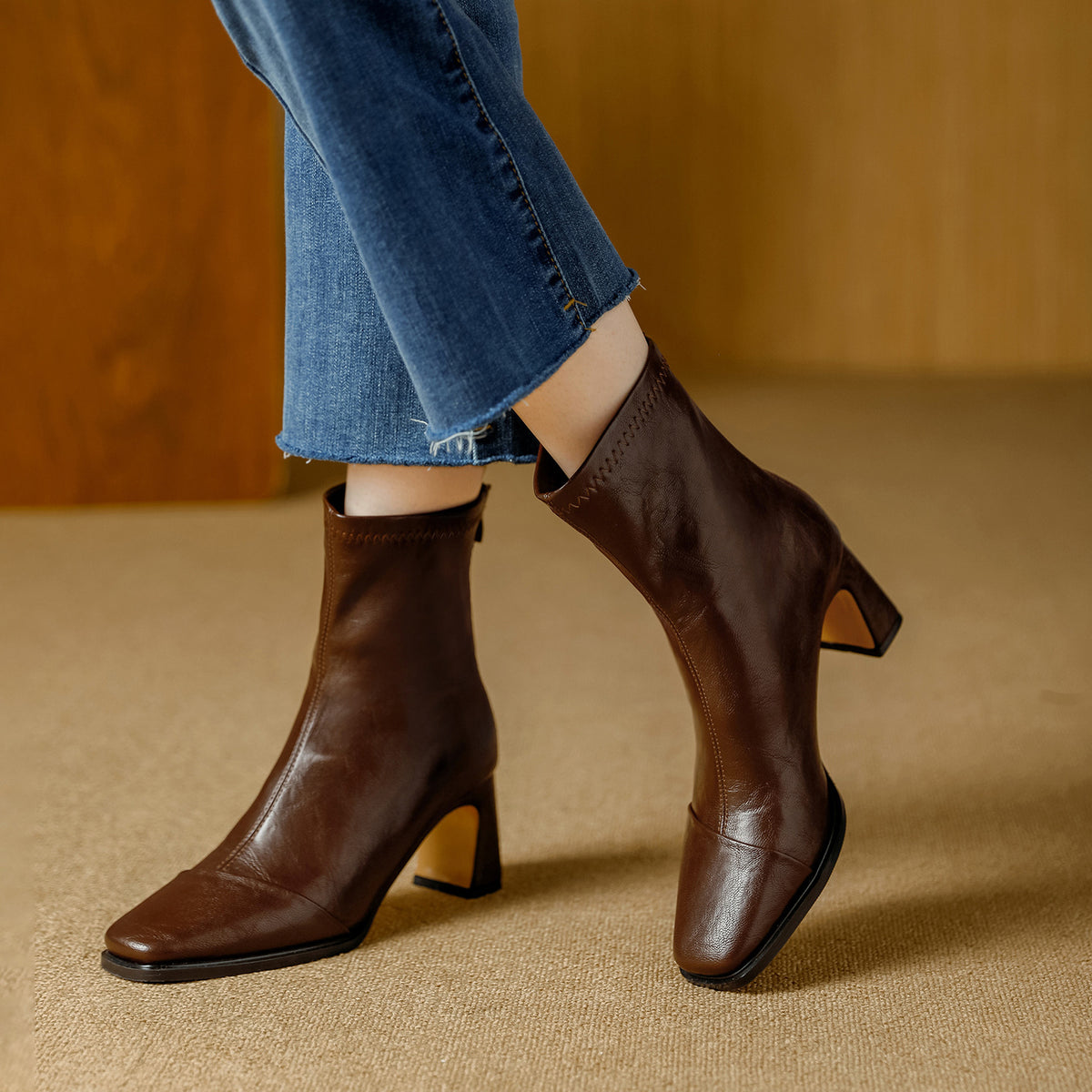 Women's Square Toe High Stretch Thin With Padded Lining Simple Women's Leather Boots