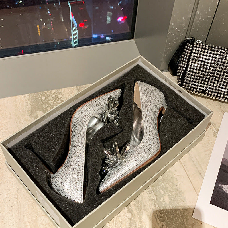 Women's Cinderella Crystal Stiletto Pointed Toe Low-cut Rhinestone Plus Size Bridal Women's Fashion Shoes