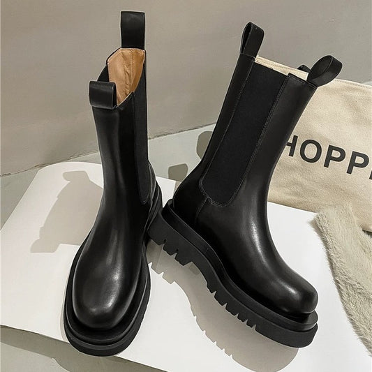 Women's Thick-soled Chelsea Chunky Martin British Style Low-cut Smoke Pipe Short Women's Leather Boots