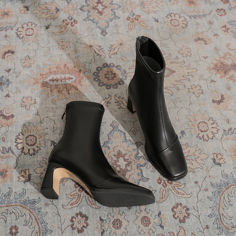 Square Toe Chunky Rear Zipper Martin High Heels