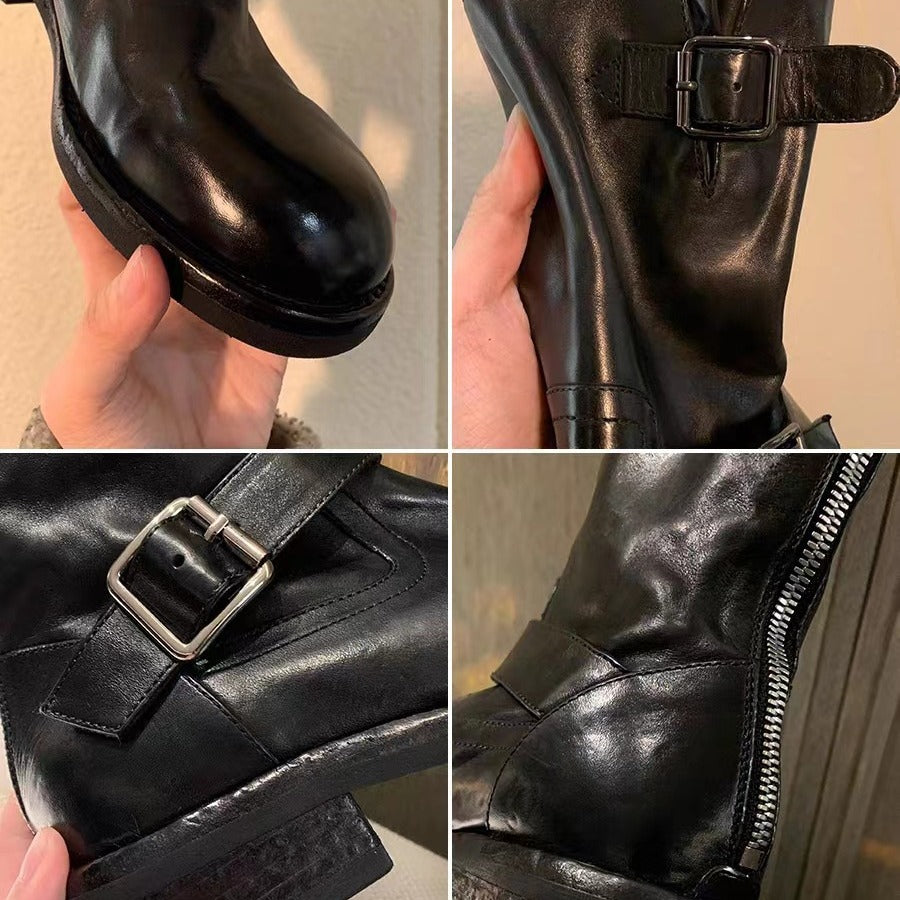Buckle Design Horse Round Head Small Chunky Increased Look Women's Leather Boots