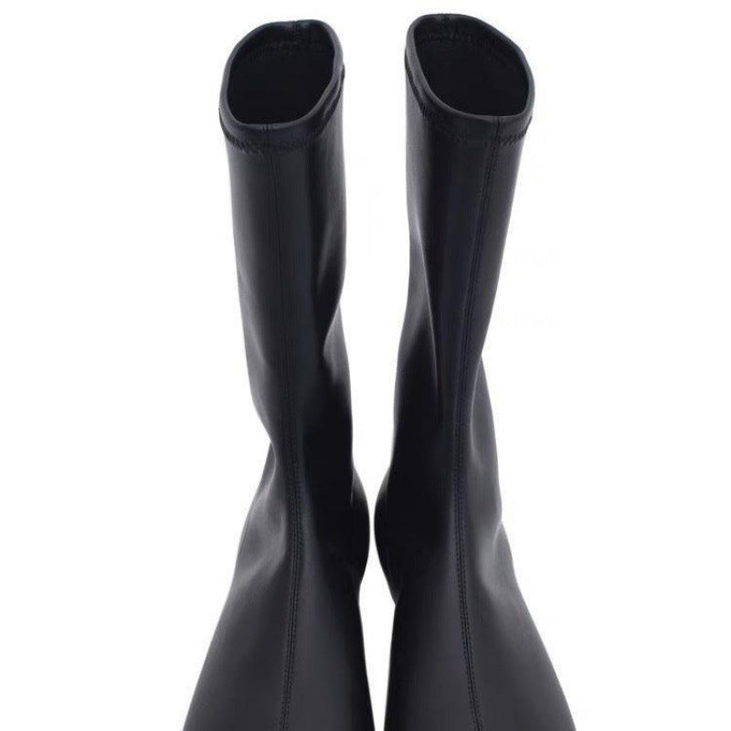 Women's Fashion Square Toe Booties Elastic Pleated Soft Women's Leather Boots